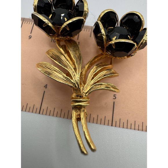 Vintage Black Crystal Gold Tone Flower Bouquet Brooch - Picture 7 of 11